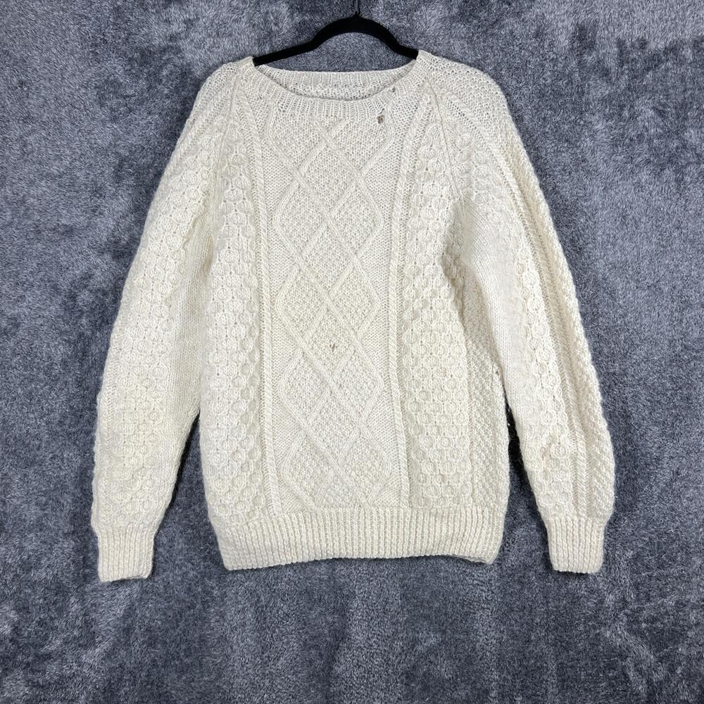 Sweater Mens M White Cable-Knit Crew Neck Wool Heavyweight Pullover